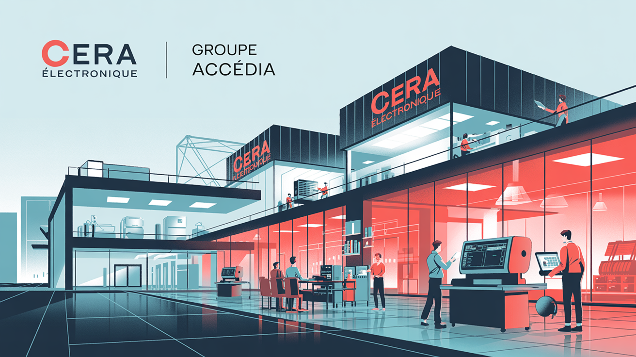 Illustration détaillée montrant les installations conjointes de CERA Électronique et du Groupe ACCÉDIA combine des zones de production et des espaces logistiques