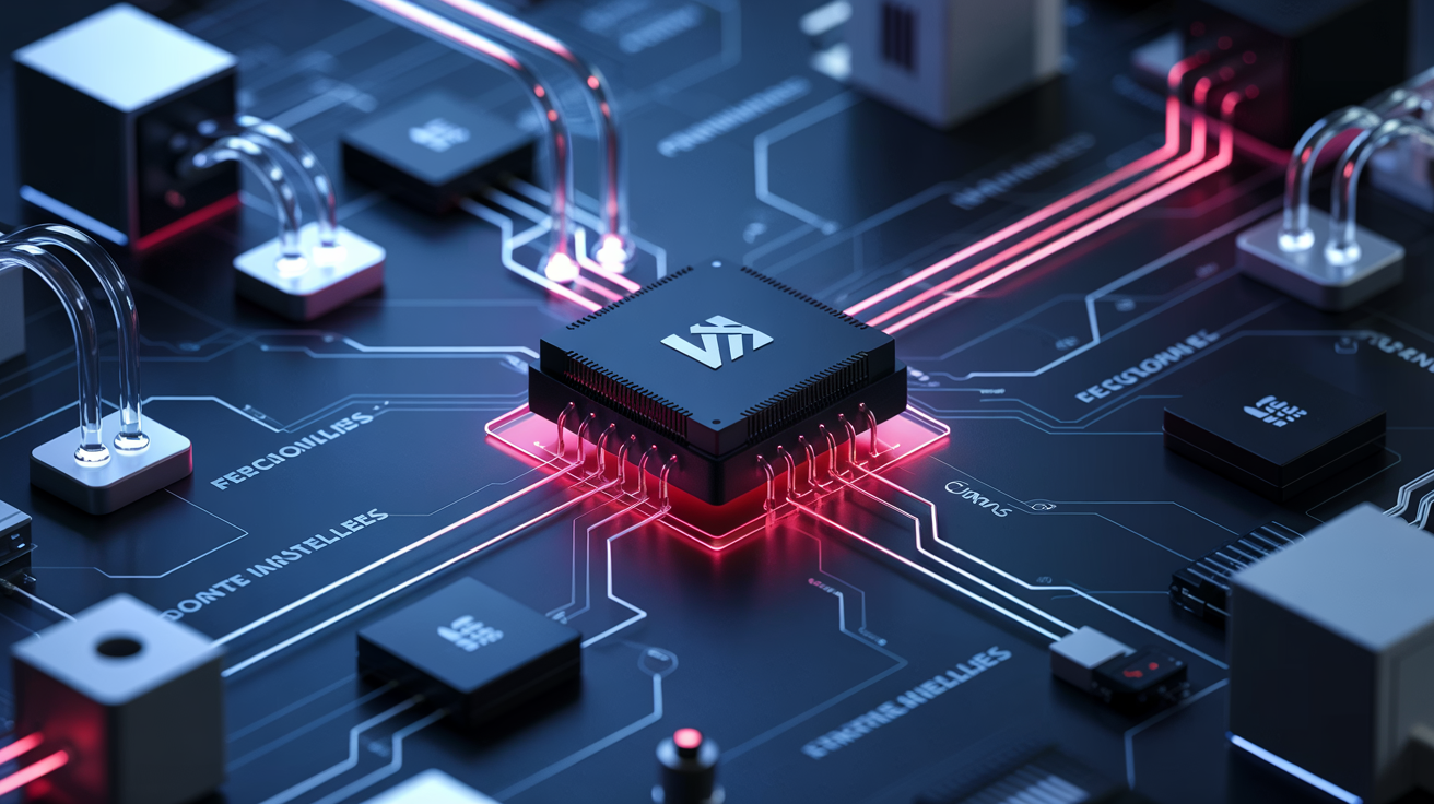 Une vue rapprochée d'une carte électronique sophistiquée aux tons noir et rouge, illustrant des composants CMS parfaitement soudés, circuits imprimés, et microprocesseurs visibles en haute résolution. L'image dégage un aspect technique avancé, mettant en avant des connexions électroniques complexes menant vers des symboles graphiques de motorisation industrielle tels que portes sectionnelles ou portails automatisés. Le terme « fermetures industrielles » apparaît discrètement en filigrane technique.