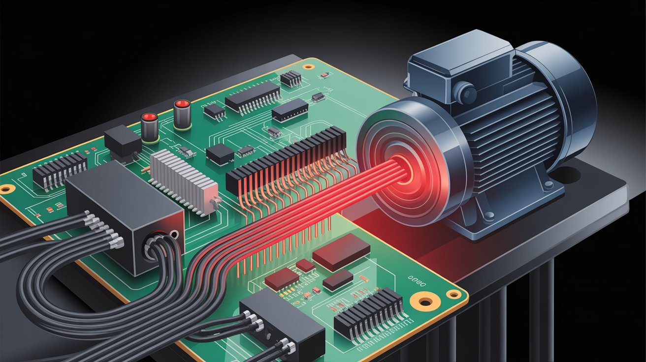 Une illustration détaillée en nuances de noir et rouge, montrant une carte électronique sophistiquée utilisée pour les portails motorisés industriels. Des pistes et composants CMS parfaitement alignés et assemblés sont visibles, reliés par des câblages complexes à un moteur robuste symbolisant clairement un portail motorisé industriel. Des symboles graphiques indiquent clairement le flux des commandes, mettant en lumière la connexion entre la carte électronique et le moteur pour une gestion optimisée de la sécurité et des cycles d’ouverture-fermeture. L'image évoque clairement la fiabilité, la sécurité et la précision nécessaires aux portails motorisés.